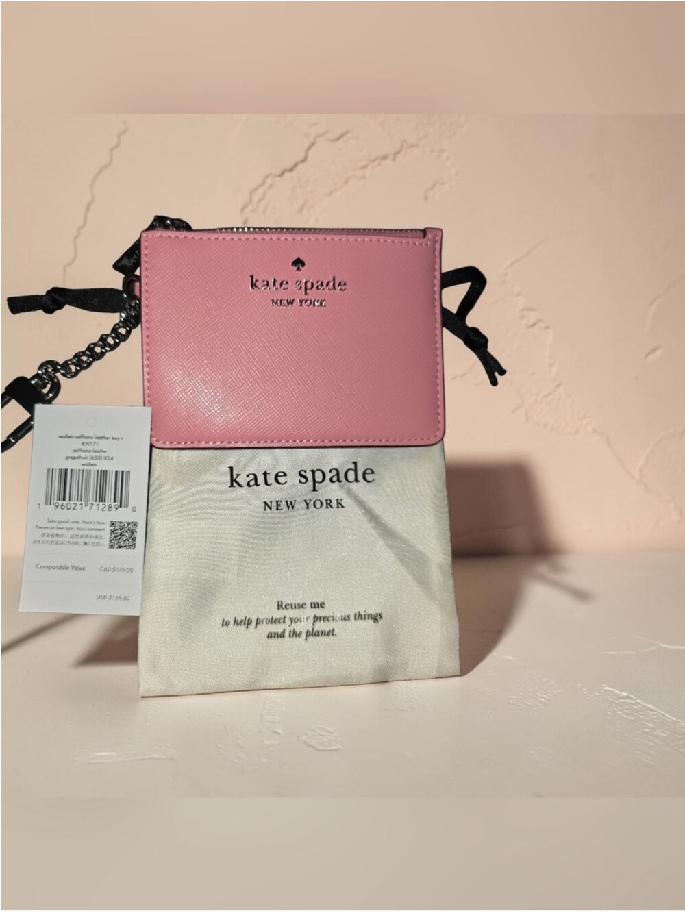 NWT kate spade Pink Leather Card Holder with Chain Strap And Dusty
